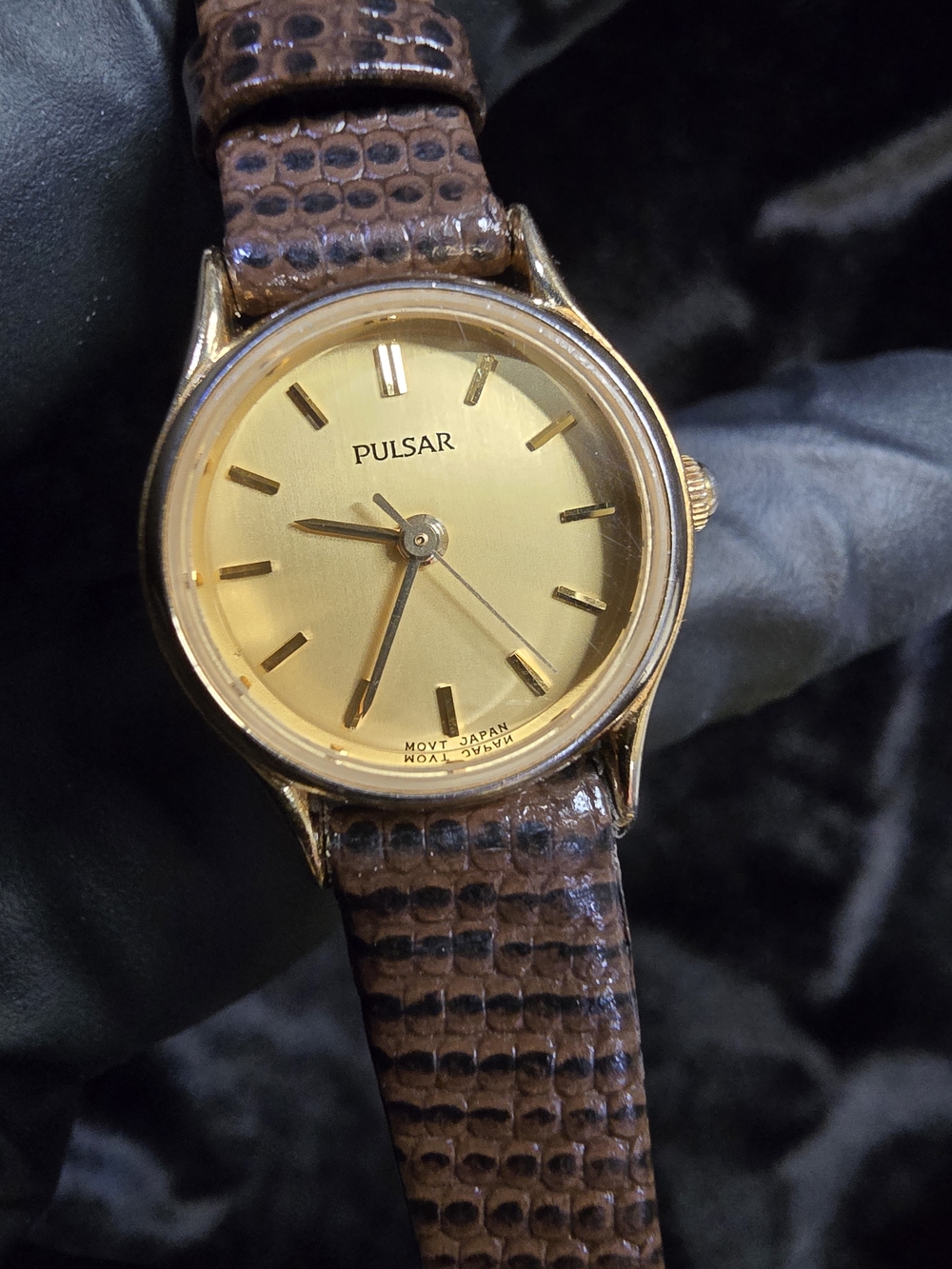 Vintage Pulsar (By Seiko) Gold Dial Watch with Brown Lizard Strap